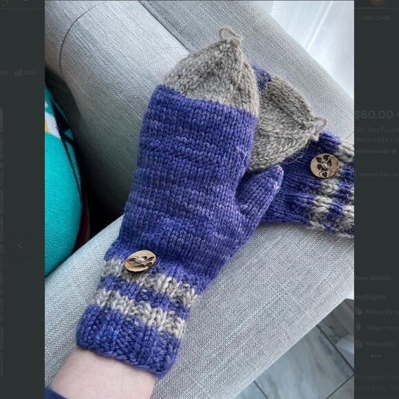 Flip-Top Purple Sock Mitts Wool Knit Mittens Handmade Convertible Half Mitts - Picture 8 of 10